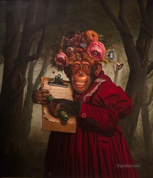 150の主題の芸術作品 Painting - 音楽を保持している服を着た猿